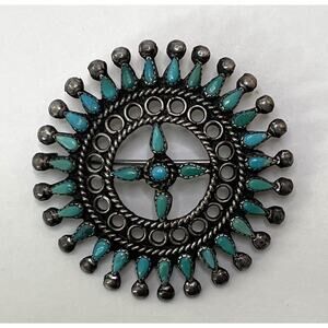 Vintage Zuni Petit Point Silver & Turquoise Brooch Pin Native American Old Pawn